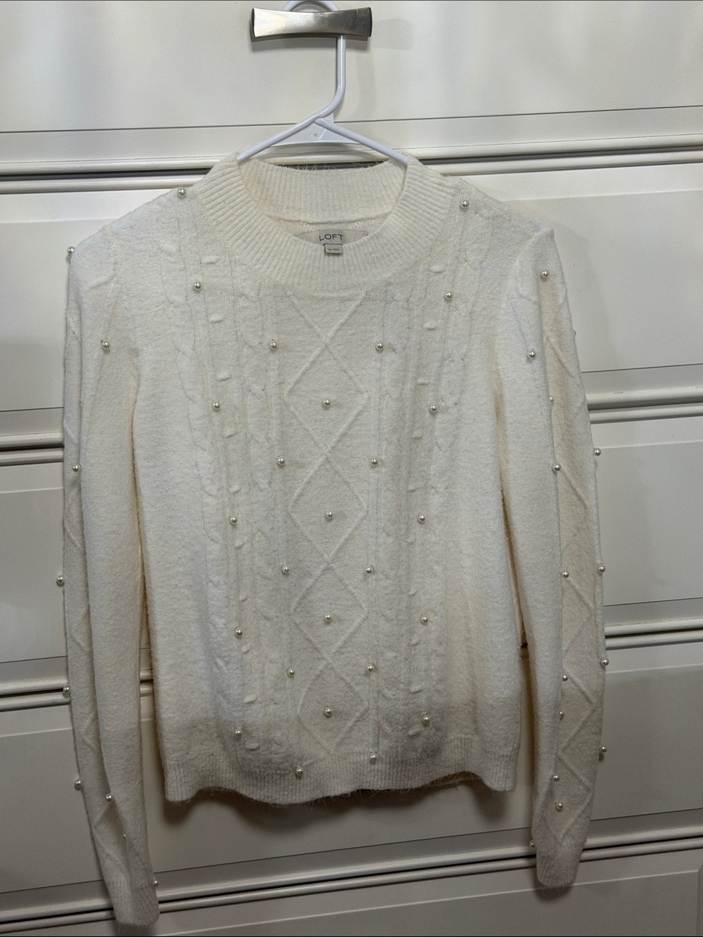 LOFT Cream Crewneck Cable Knit Sweater with Pearl Accents